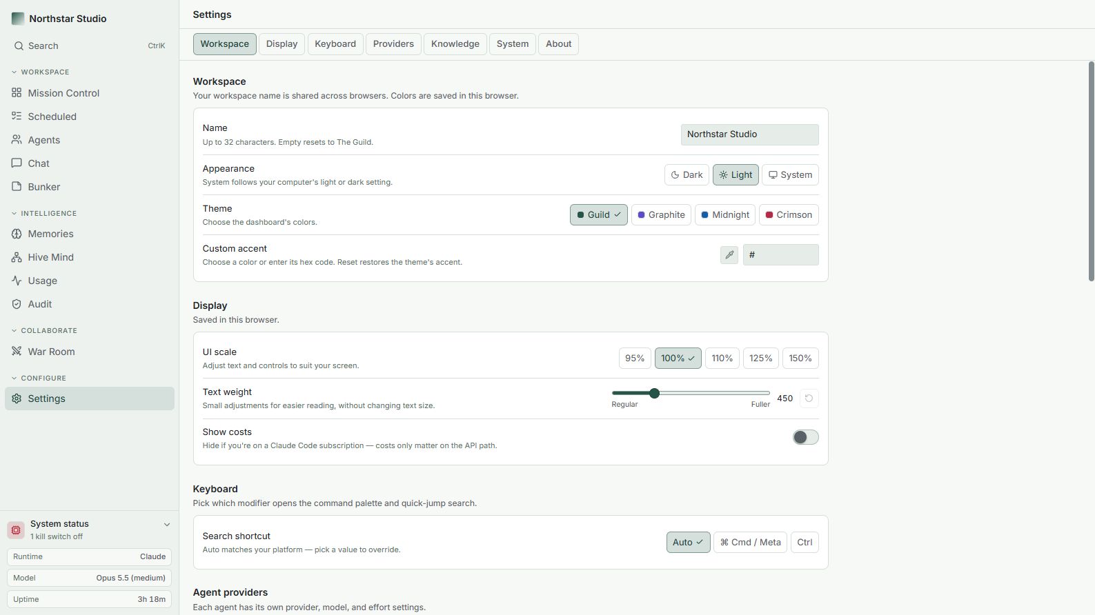 The updated Guild appearance and workspace settings with fictional data