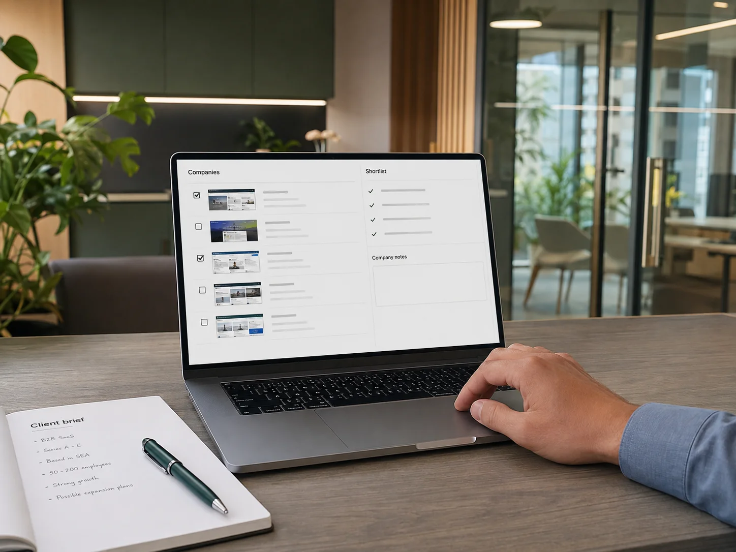 Illustrative scene of a company shortlist on a laptop beside a client brief in a warm office