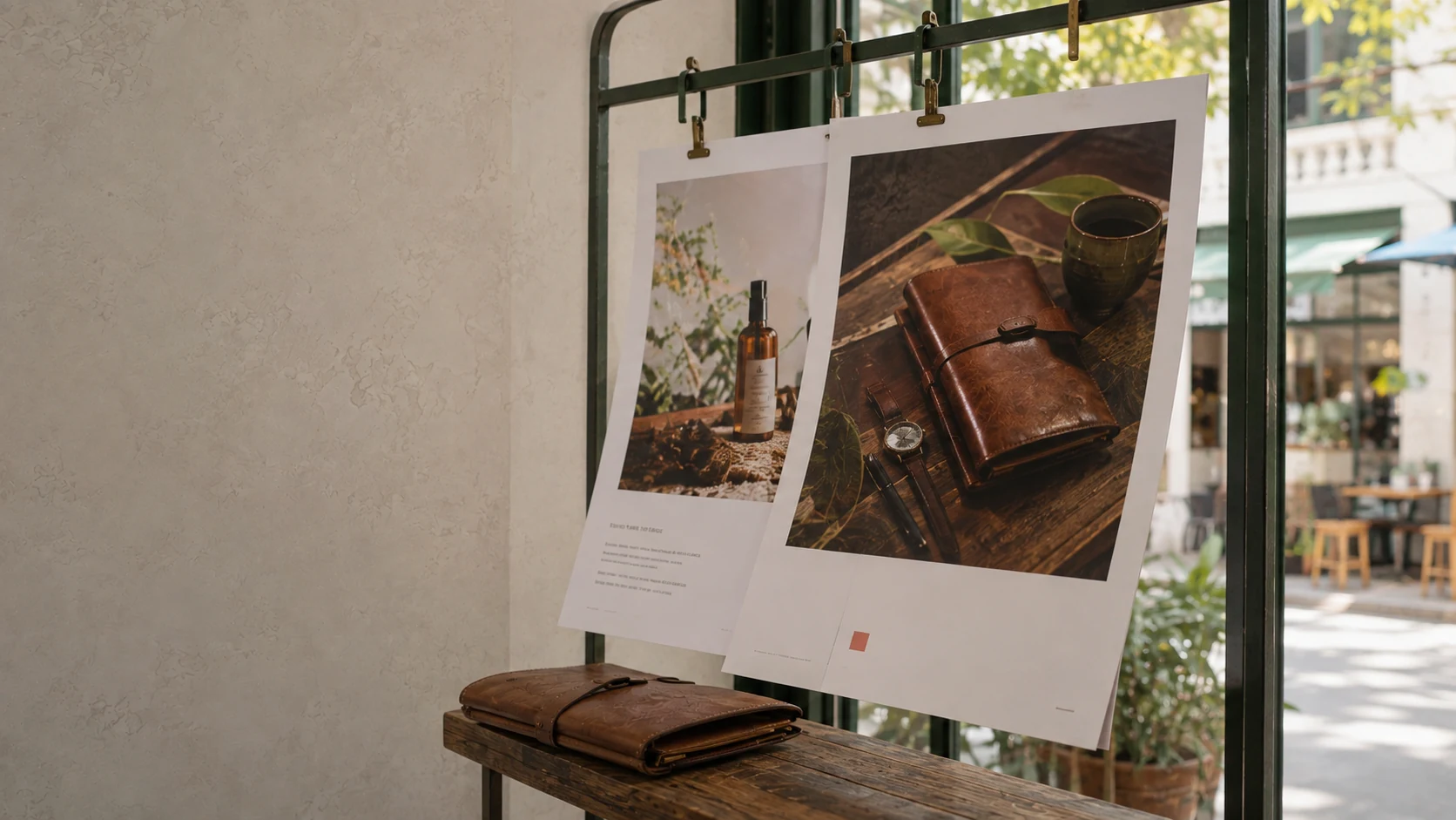 Illustrative product campaign proofs hanging beside a warm studio window