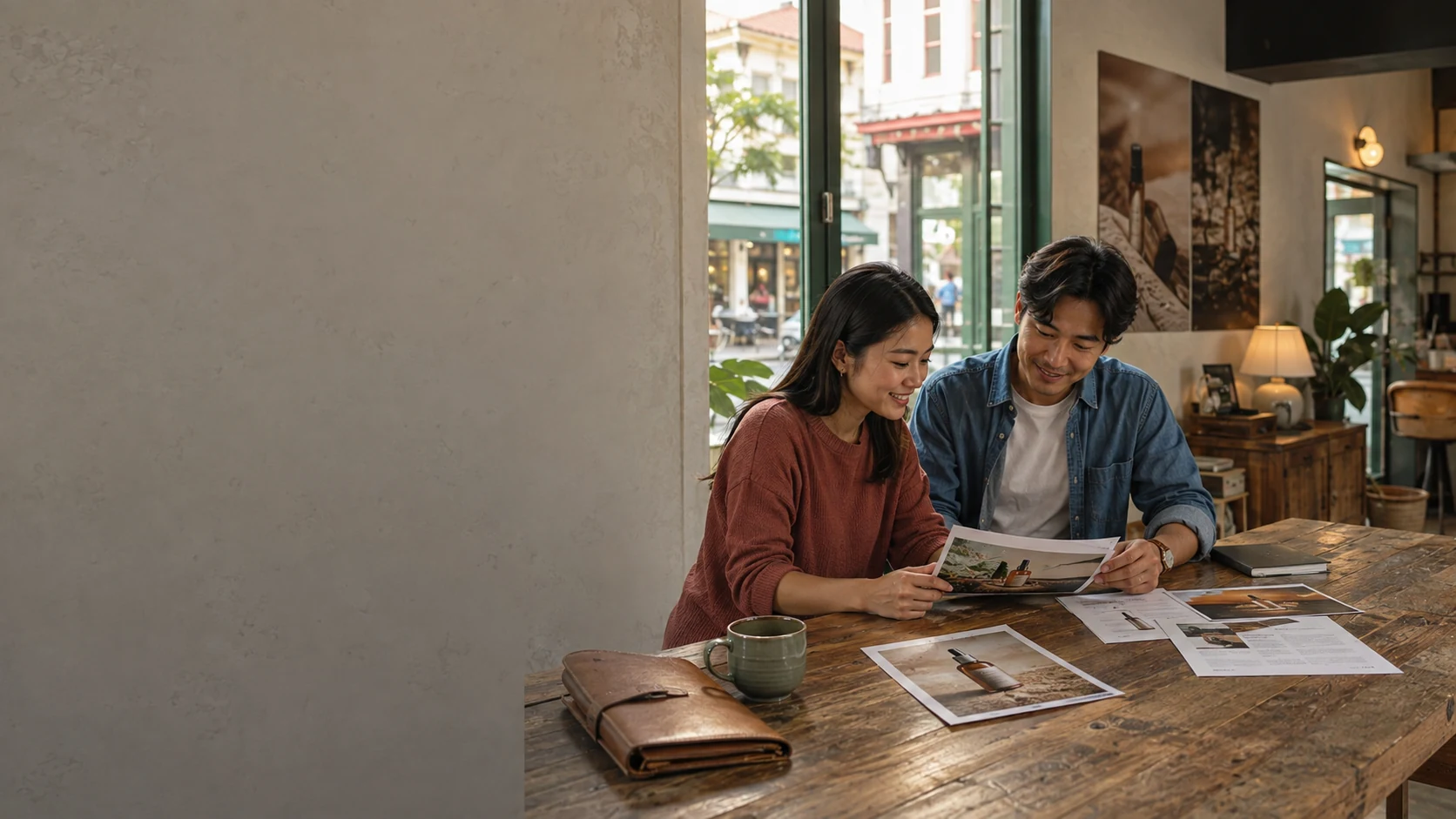 Illustrative Singapore studio scene with two colleagues reviewing a product campaign in warm window light